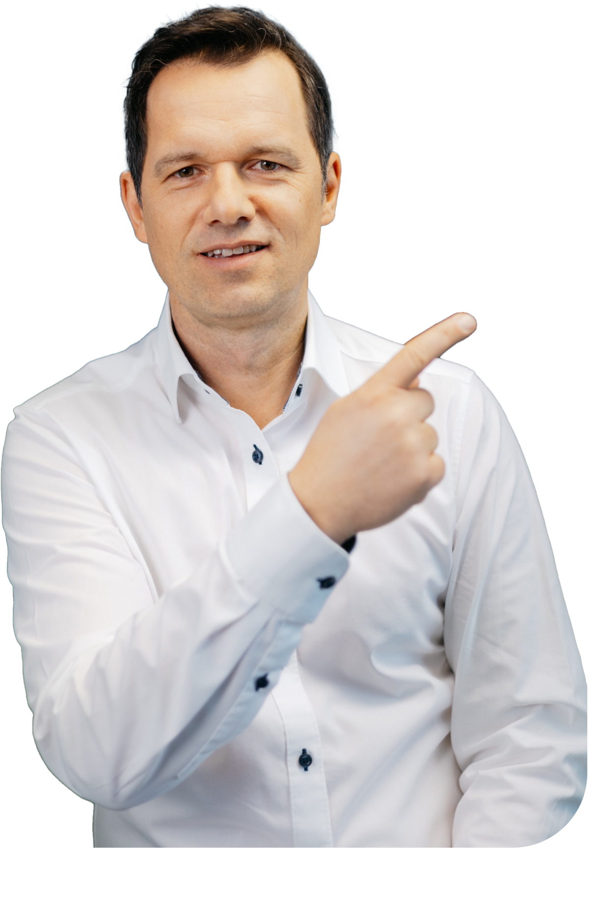 Mann deutet mit dem Finger nach rechts